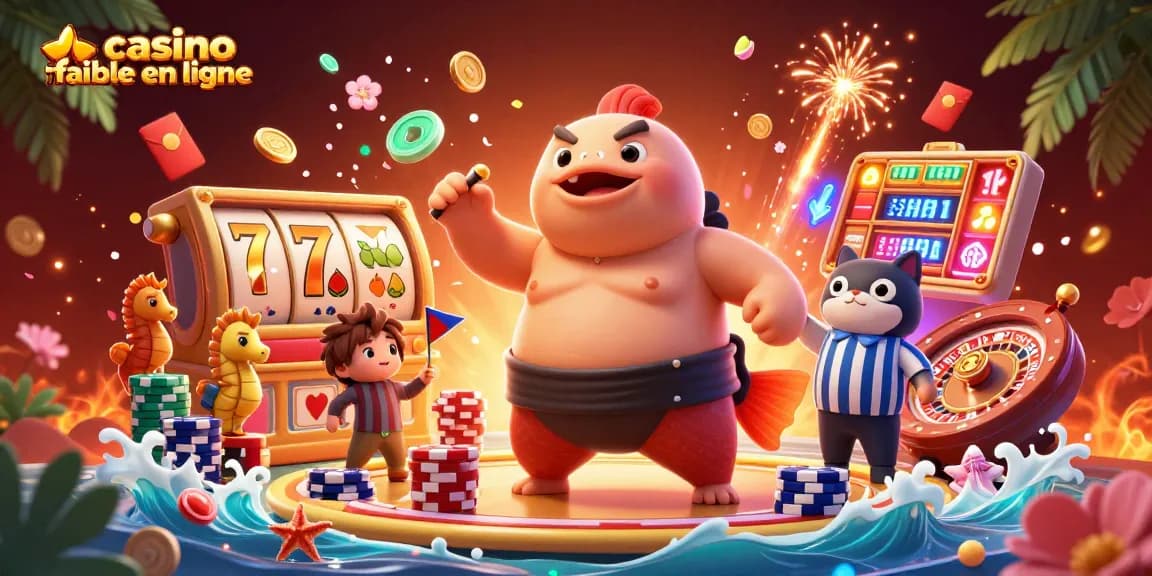 Plongez dans l'univers des jeux avec notre illustration de casino fiable en ligne, mettant en avant un fugu sumo et un arbitre poisson-chat.
