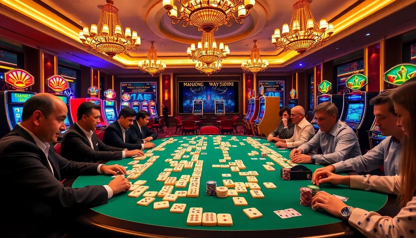 Engage in Mahjong Ways 2 gameplay at a luxury casino table with vibrant decor and excited players.