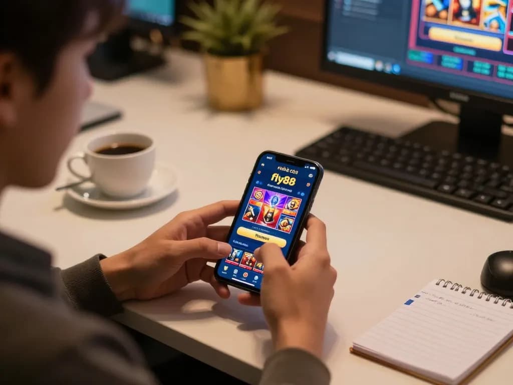 Engaging in the nhà cái fly88 online casino game on smartphone in a cozy modern setup