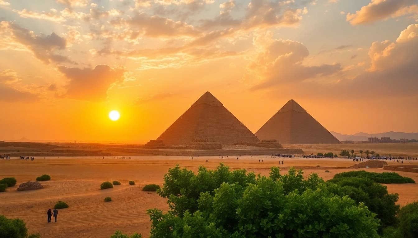 View of the piraminds revealing their grandeur against the sunset skyline.