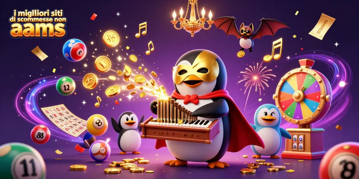 Giocando ai migliori siti di scommesse non AAMS, una scena vivace con un pinguino opera e monete d’oro.