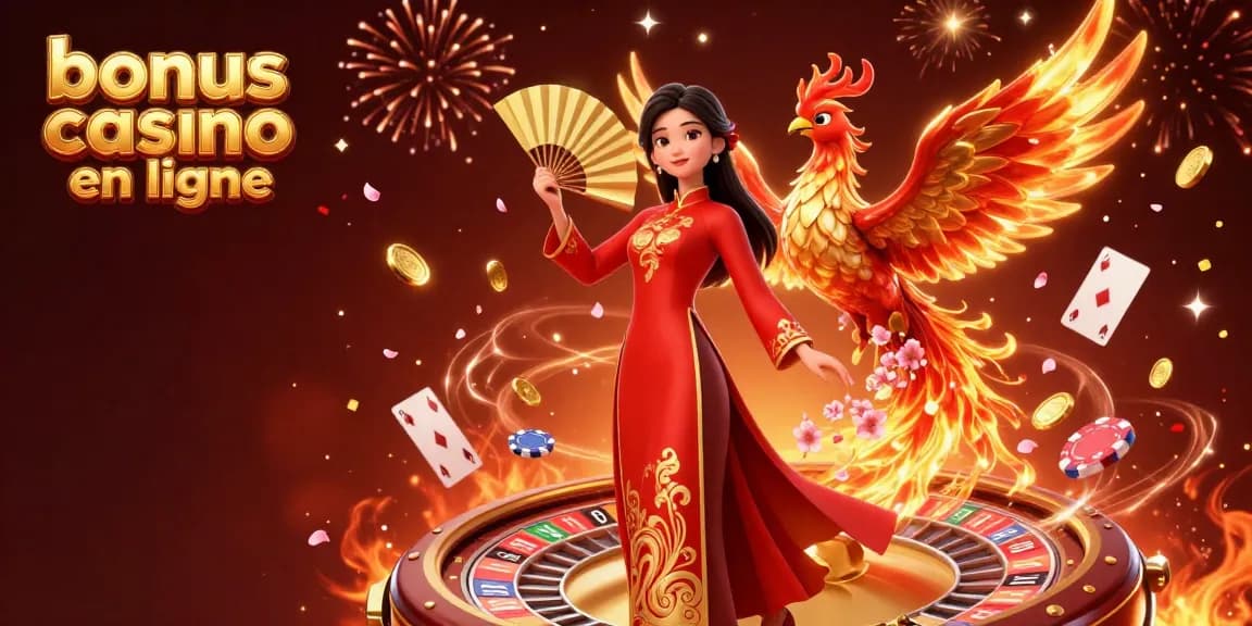 Scène engageante d'une femme en ao dai et d'un phénix, montrant l'excitation du bonus casino en ligne.