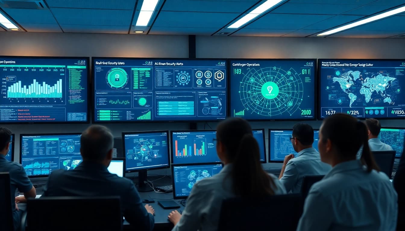 Cybersecurity AI professionals analyzing real-time data in a modern operations center.