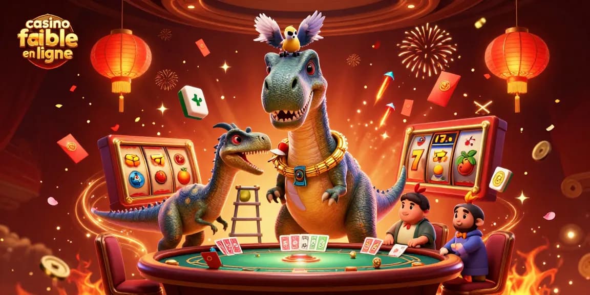 Illustration d'un casino fiable en ligne avec un brontosaurus géant et un raptor jouant aux cartes, entourés d'éléments festifs.