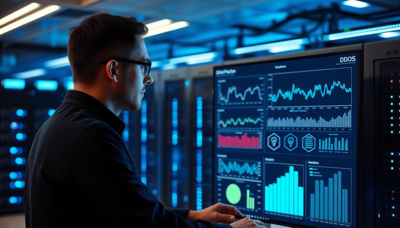 Visual representation of CDN with DDoS Protection, showcasing IT security management and server analytics.