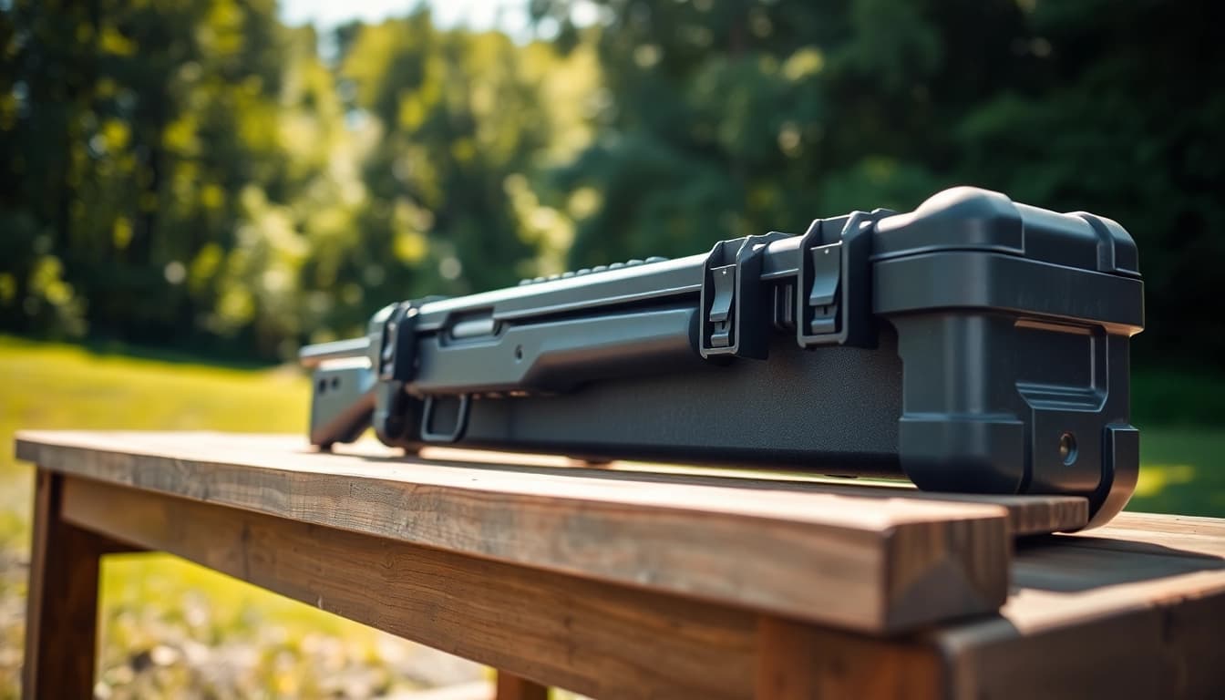 Showcasing the pelican rifle case with rugged design on a shooting range table under natural sunlight.