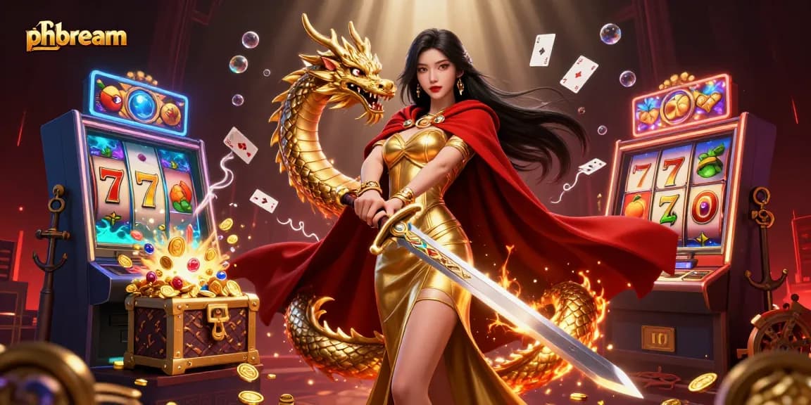 Experience thrilling gameplay with phdream, featuring an Asian warrior queen amidst dazzling casino elements.