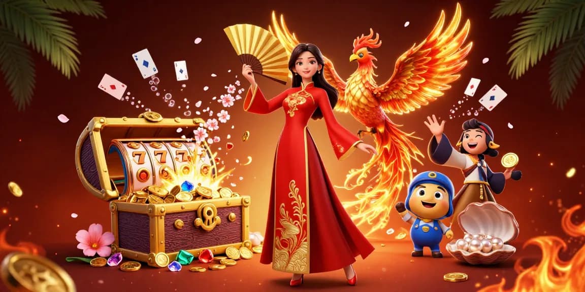 Win678's vibrant scene showcases thrilling slot games with a graceful dancer and a flaming phoenix.