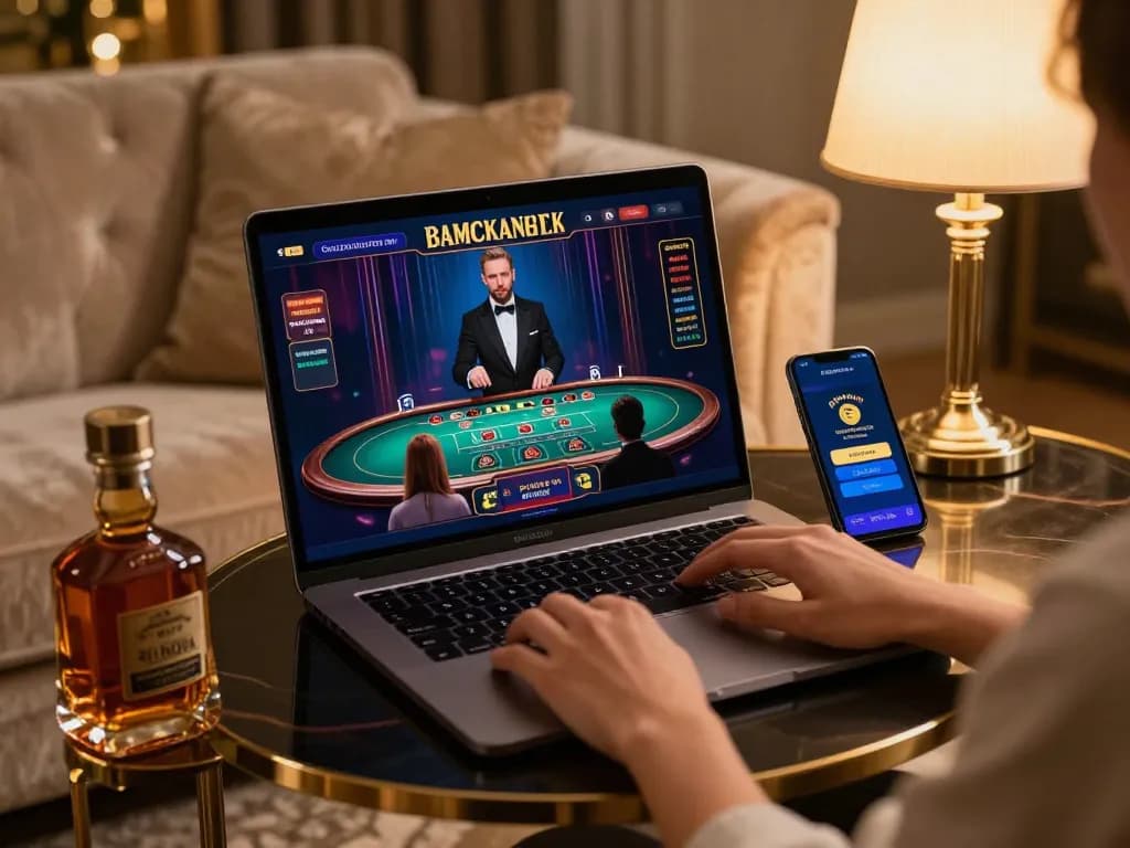 Engaged player enjoying an online baccarat사이트 game in a luxurious home setting with live dealer.