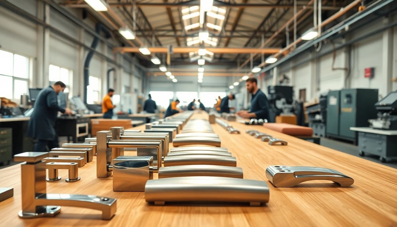 Explore the craftsmanship of Door Handle Manufacturers creating stylish designs in a modern factory.