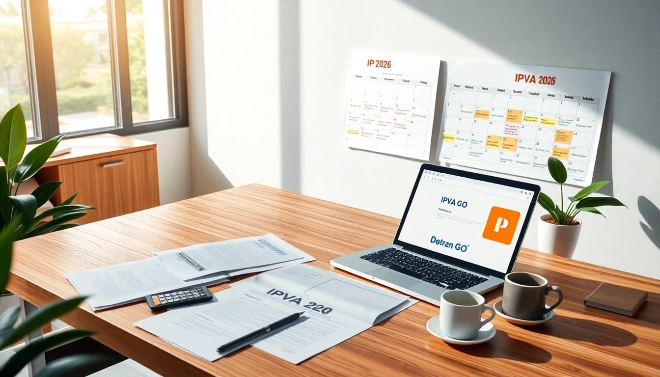 Professional setting for IPVA GO 2026, featuring organized desk with documents and Detran GO website.