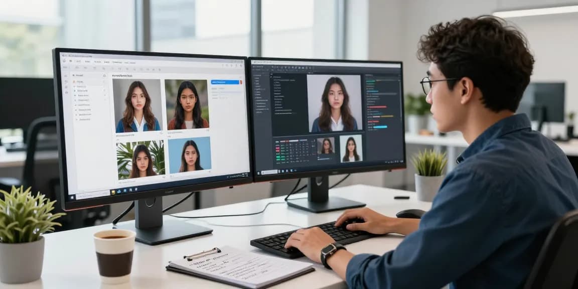 Data scientist using ai image checker to analyze AI-generated images in a modern office.