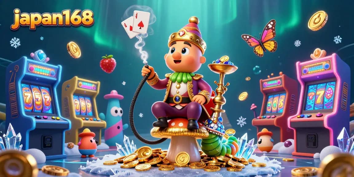 Experience thrilling moments with japan168 in this vibrant 3D casino illustration featuring a caterpillar and gaming elements.
