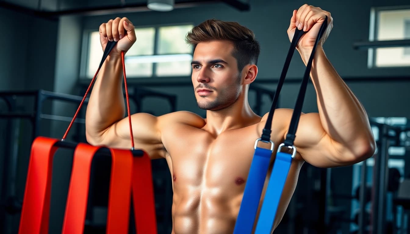 Fit individual using pull-up assist bands for an effective workout in a gym setting