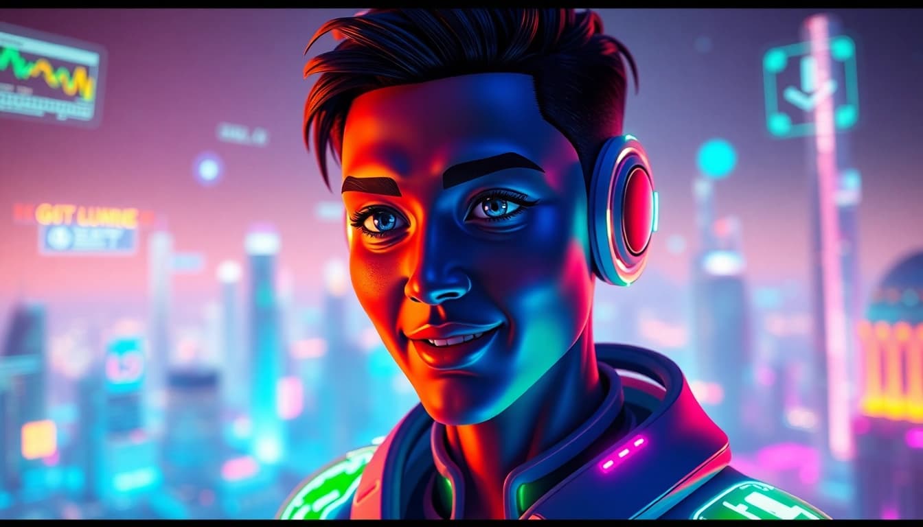 Engage with a dynamic live avatar in an interactive digital landscape celebrating creativity.