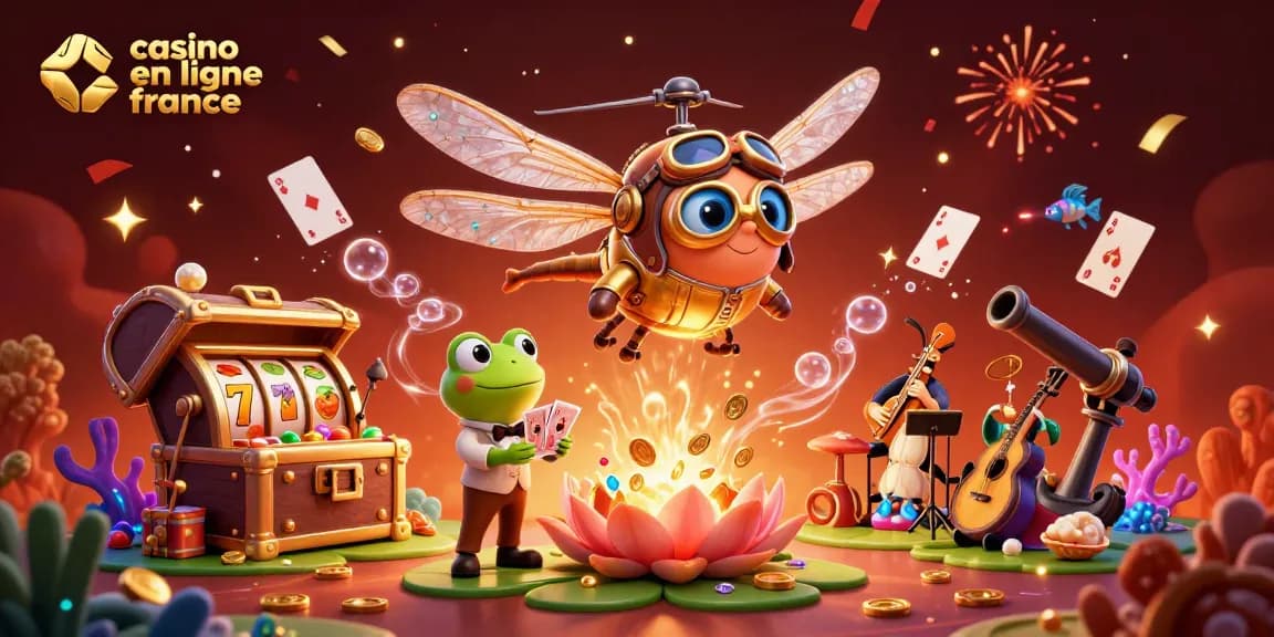 Jouez au casino en ligne France avec un pilote libellule et un croupier grenouille dans un monde magique.
