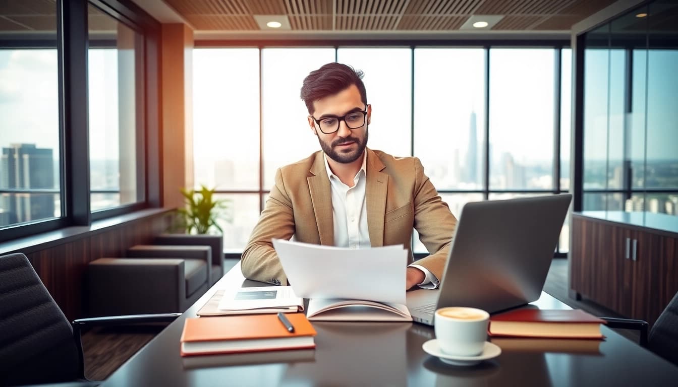 Intellectual property lawyer confidently reviewing documents in a modern office.