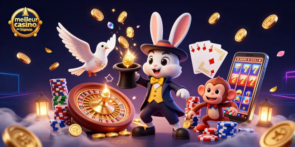 Visualiser le meilleur casino en ligne France avec un magicien, une colombe et un singe espiègle.