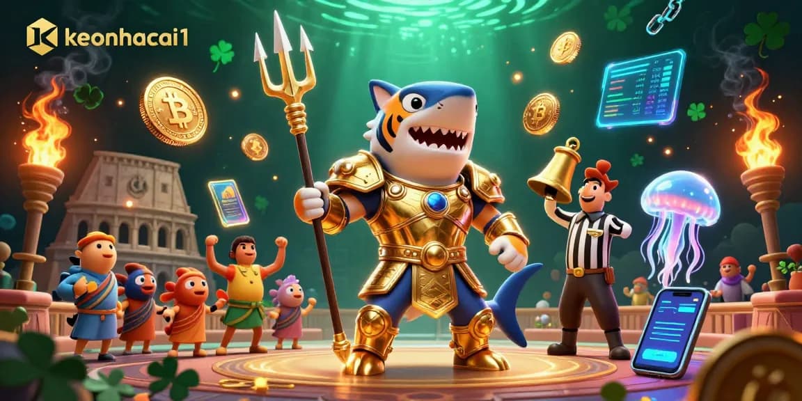 Engage with keonhacai1's thrilling underwater casino scene featuring a golden shark gladiator amidst crypto coins.