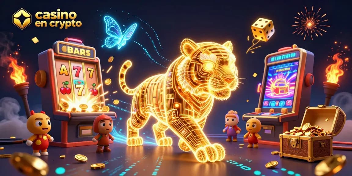 Profitez d'une illustration vibrante pour un casino en crypto avec un tigre doré et des jeux lumineux.
