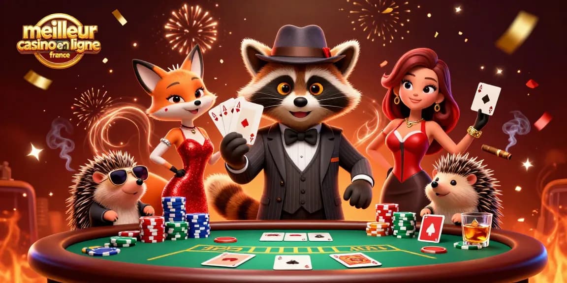 Vivez l'excitation du meilleur casino en ligne France avec un cartoon suave et une ambiance festive.