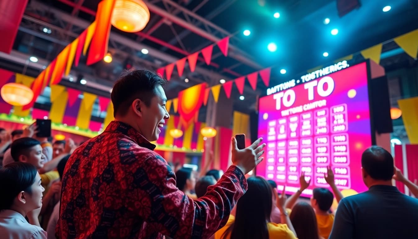 Menggairahkan suasana toto togel dengan kerumunan antusias yang merayakan.