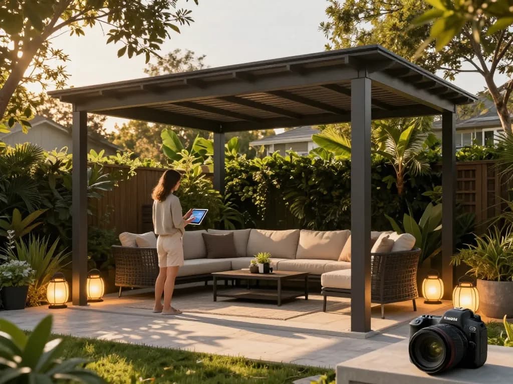 Homeowner using configuratore 3D pergola design tool in a beautiful outdoor setting with adjustable louvered roofs.