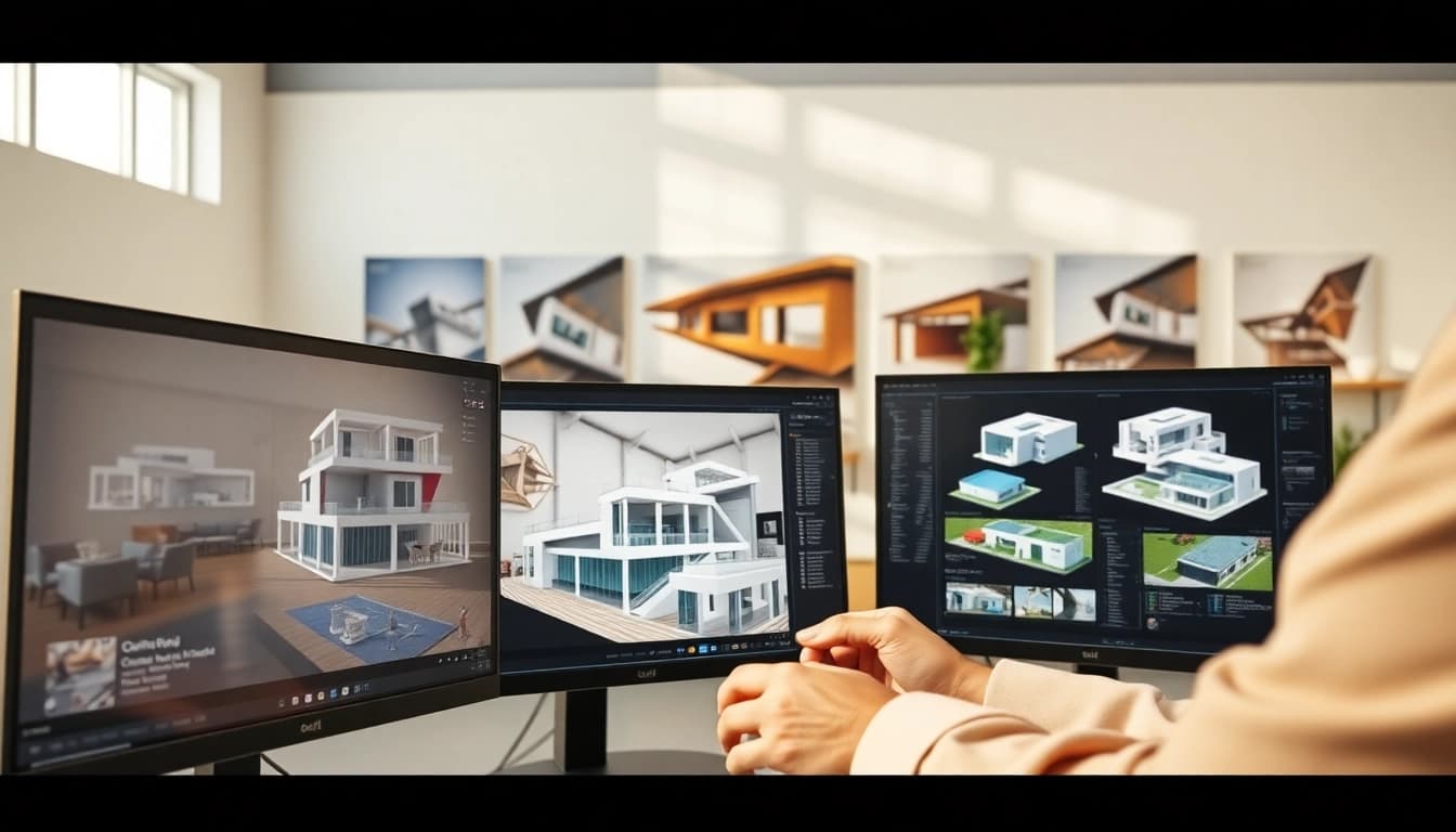 Hier erstellen Profis 3D Visualisierung erstellen für moderne Architekturen in einem kreativen Studio.