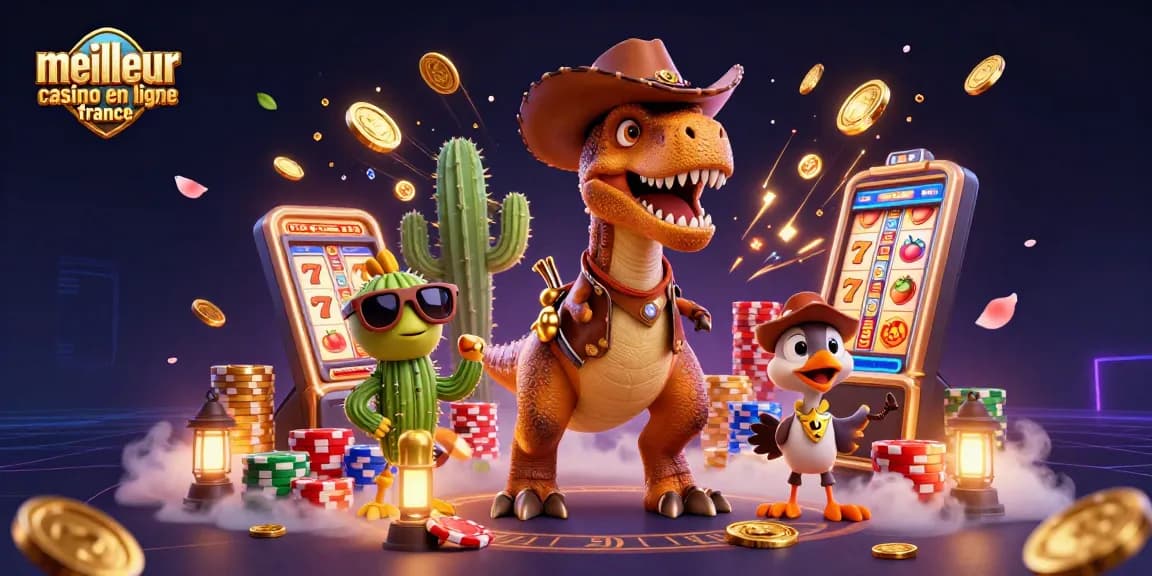 Action intense au meilleur casino en ligne France avec un T-Rex gagnant entouré de jetons et de pièces d'or