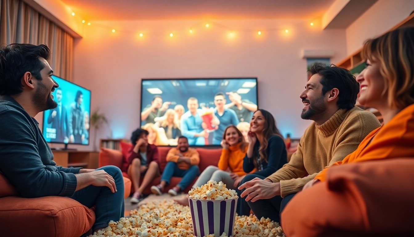 Enjoy หนังออนไลน์ with friends in a cozy home theater setting, capturing laughter and joy.