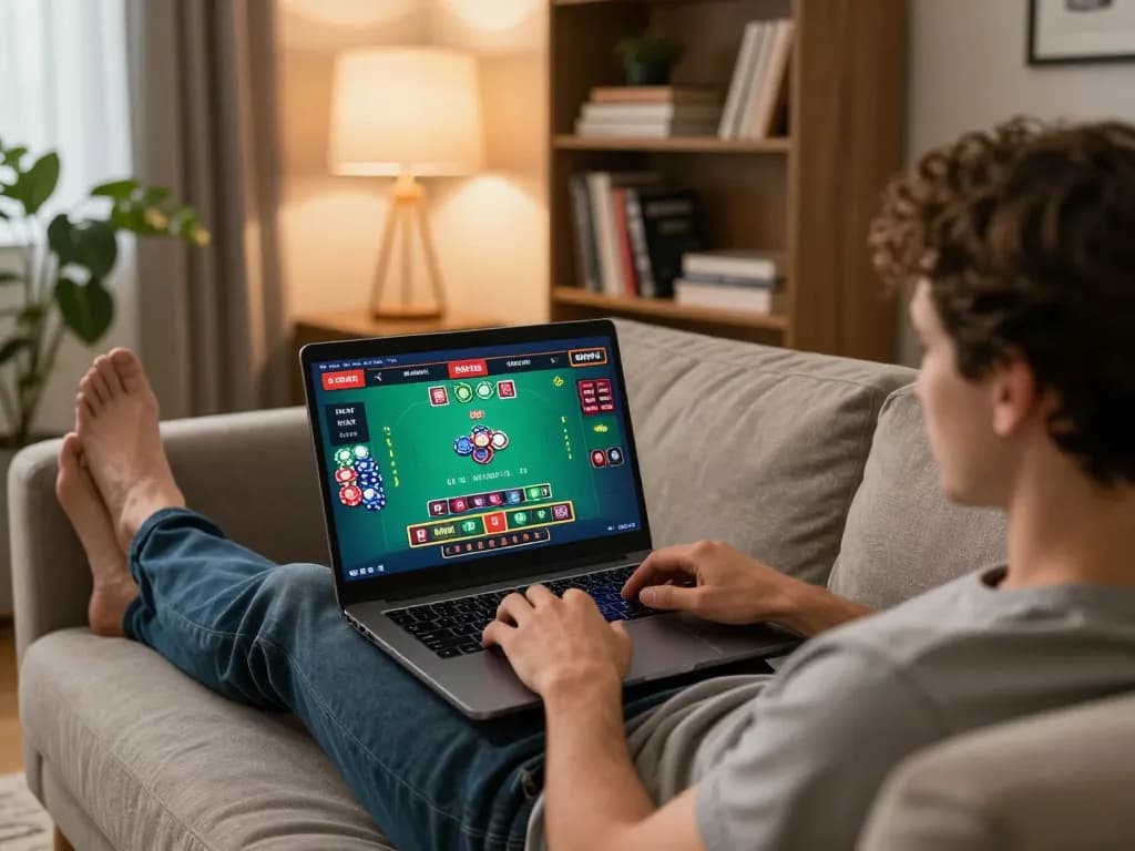 Player engaging in online blackjack through jagoan86 with vibrant gaming setup in cozy home.