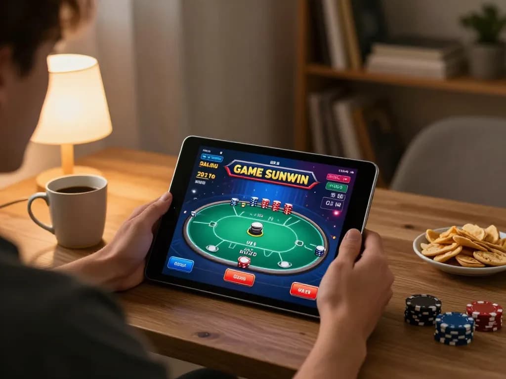 Engage in GAME SUNWIN by playing online poker on a tablet in a cozy home setting, elevating your gaming experience.