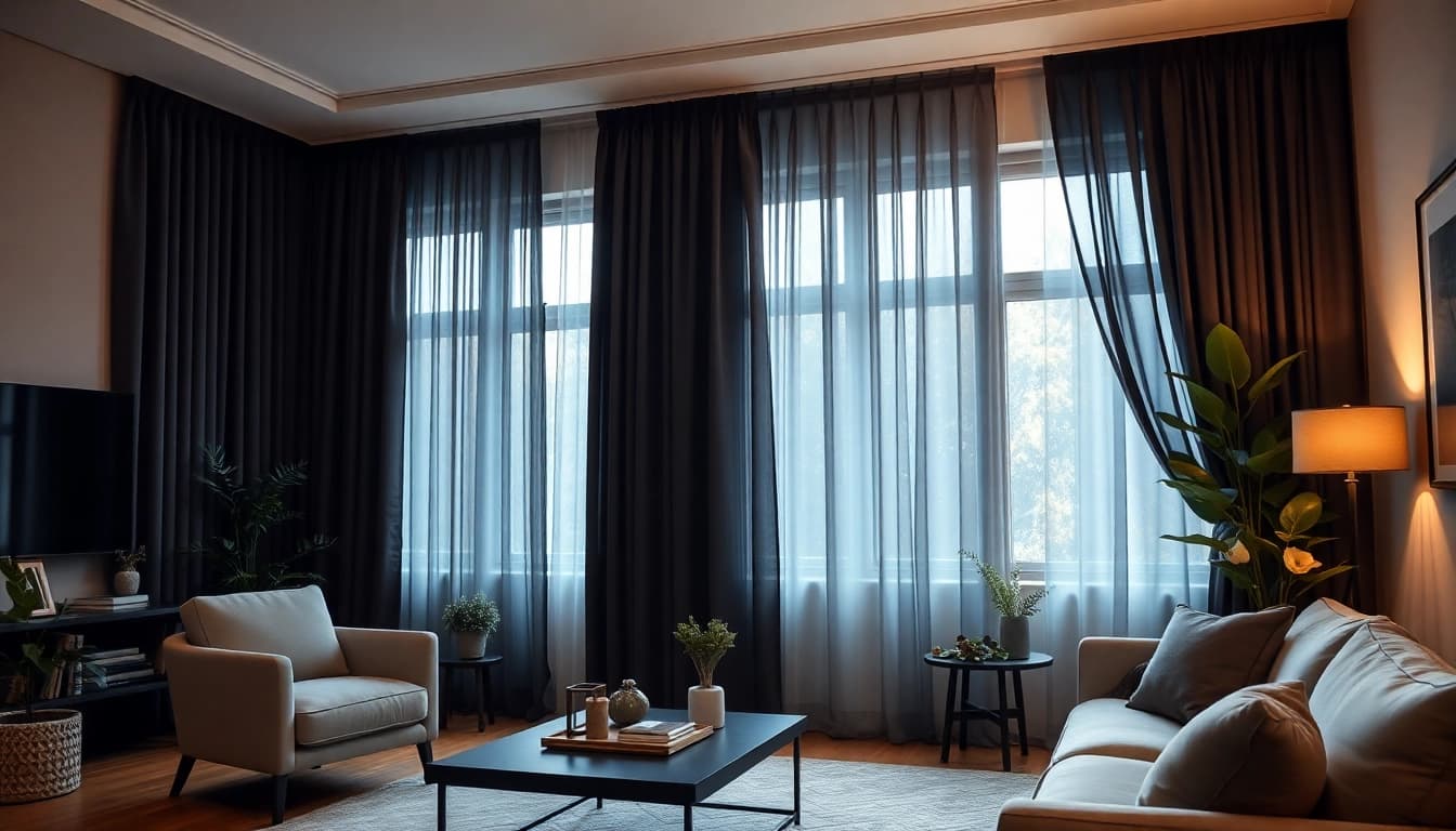 Verduisterende gordijnen in een gezellige woonkamer met een warmere sfeer creëren.