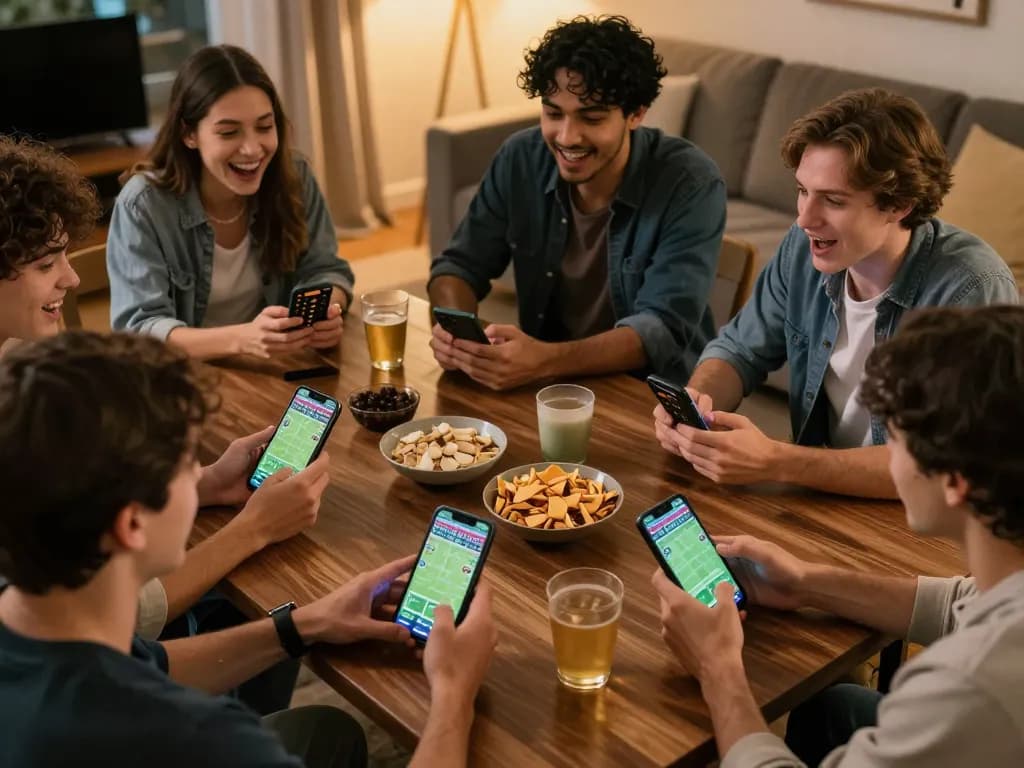 Cà khịa tv sports betting night with friends strategizing bets on mobile devices.