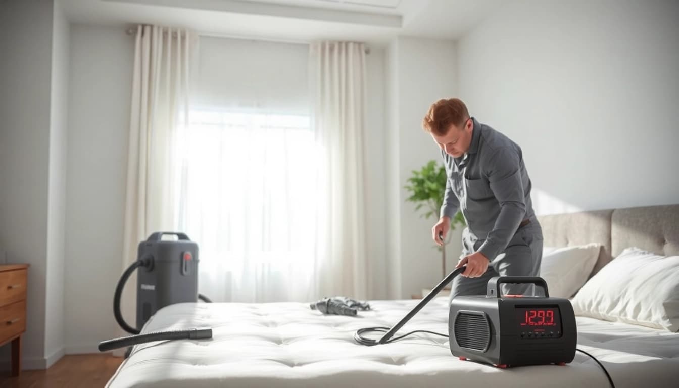 Exterminator conducting effective bed bug removal techniques in a modern bedroom.