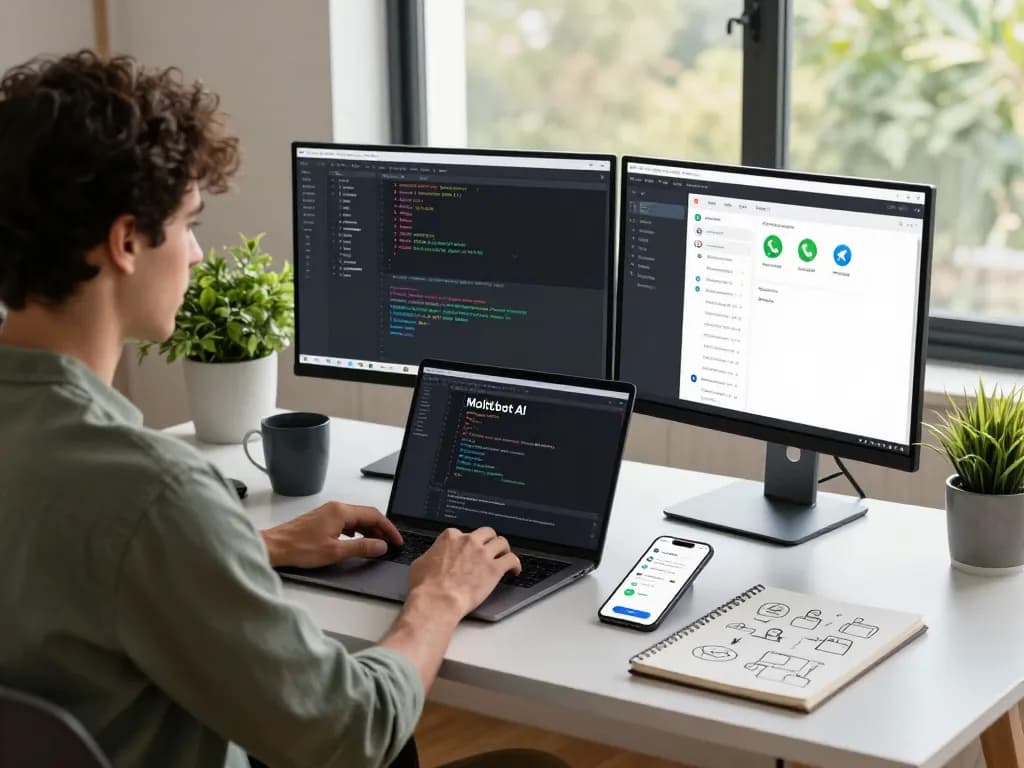 Developer coding with Moltbot AI interface, proactive notifications on smartphone, modern workspace.