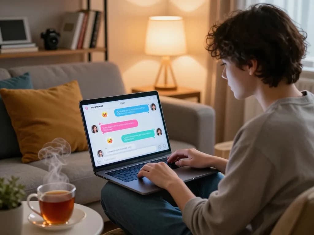 Cozy scene depicting a young person engaging in sex chat AI on a laptop, with warm lighting.