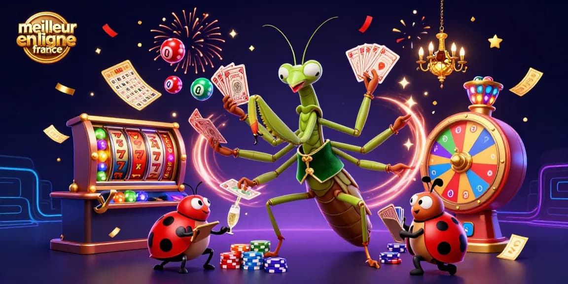 Meilleur casino en ligne France : une scène animée avec un mante religieuse et un personnel de bingo.