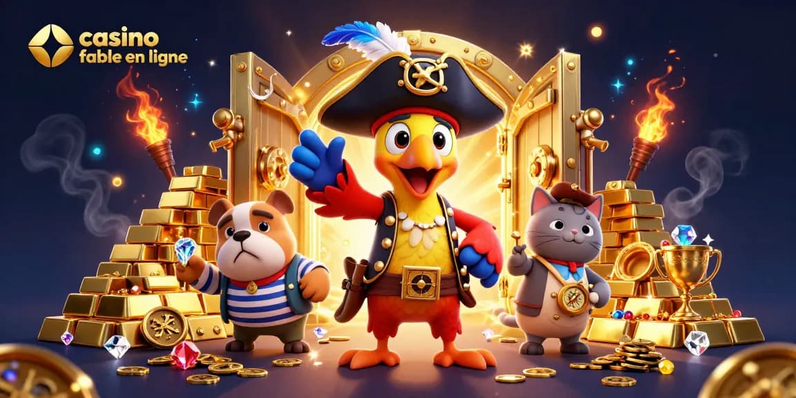 Illustration captivante représentant un pirate et ses amis au casino fiable en ligne, entourés de trésors scintillants.