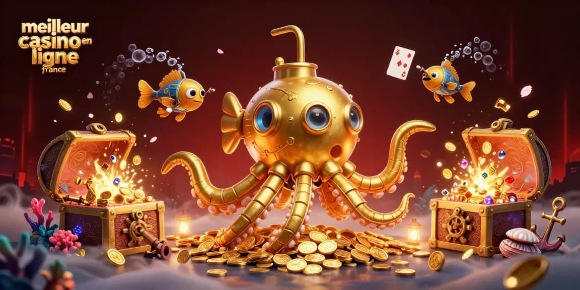 Une illustration captivante du meilleur casino en ligne France avec un kraken doré et des poissons mécaniques.