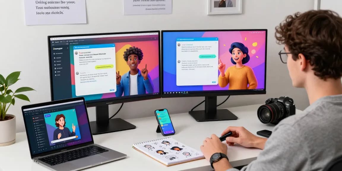Tavern AI user interacting with digital characters in a vibrant workspace filled with creativity.