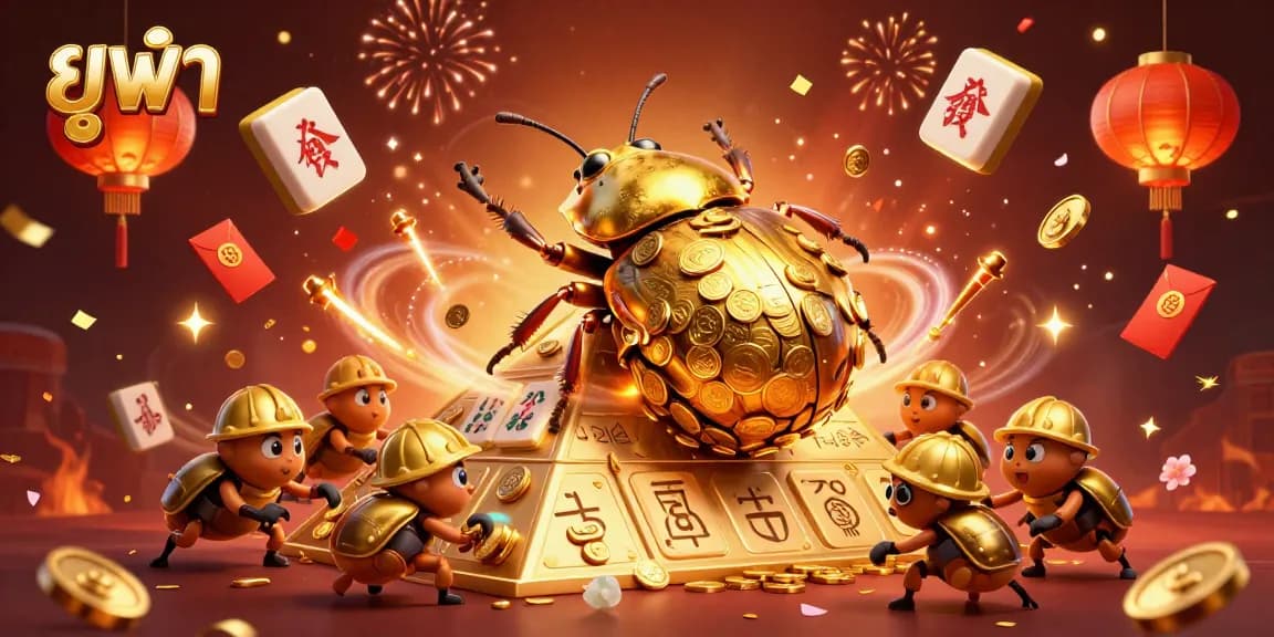 Engage in gaming excitement with ยูฟ่า featuring a vibrant scene of golden beetles celebrating in a casino atmosphere.