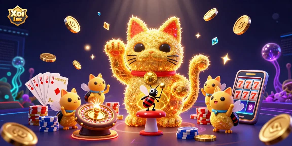 Xoi lac showcases a giant lucky cat and a conductor beetle amidst vibrant casino elements, illustrating exciting gaming energy.