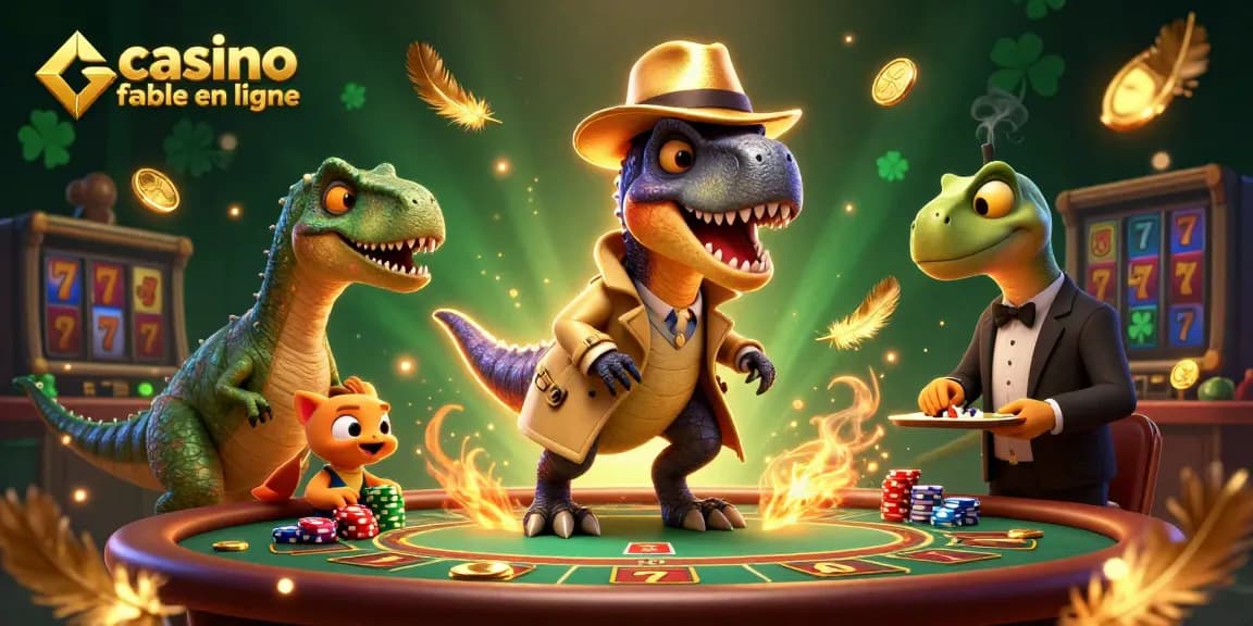 Capture d'une illustration 3D avec un velociraptor joueur au blackjack, symbolisant un casino fiable en ligne