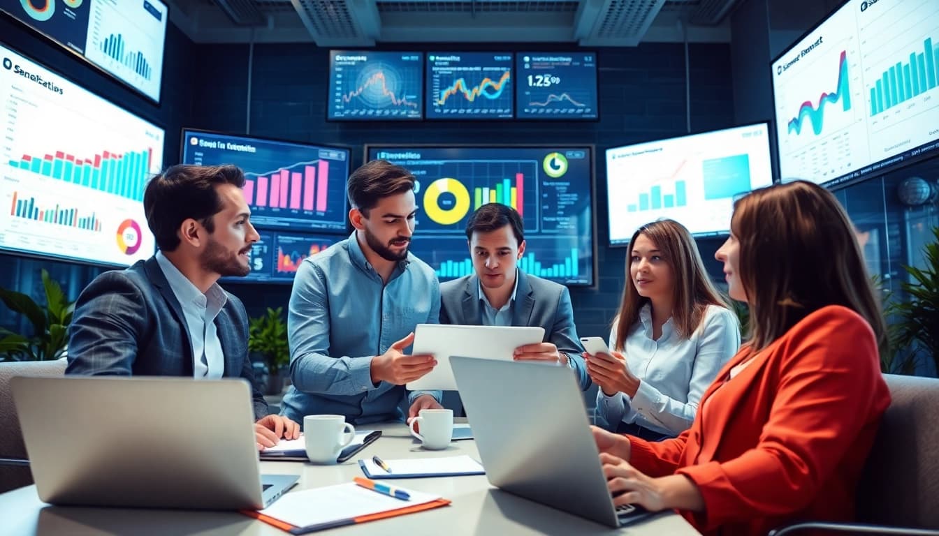 Sales team using competitive intelligence for sales in a modern office setting.