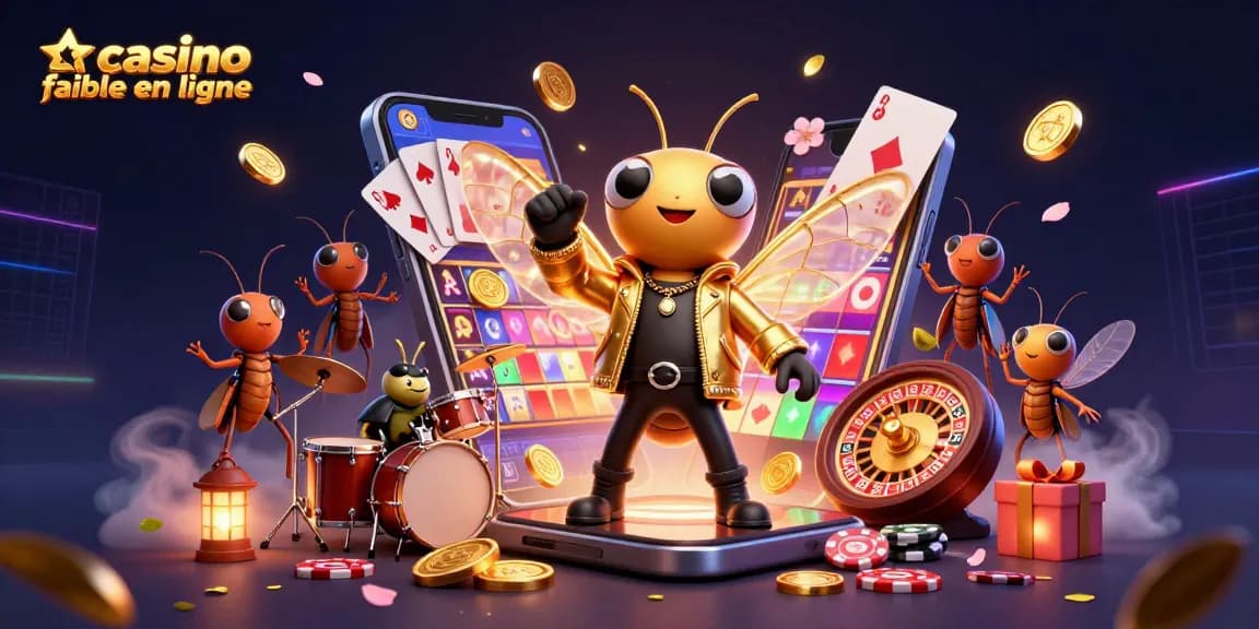 Illustration dynamique pour un casino fiable en ligne, avec un rockeur et des éléments de jeux d'argent.