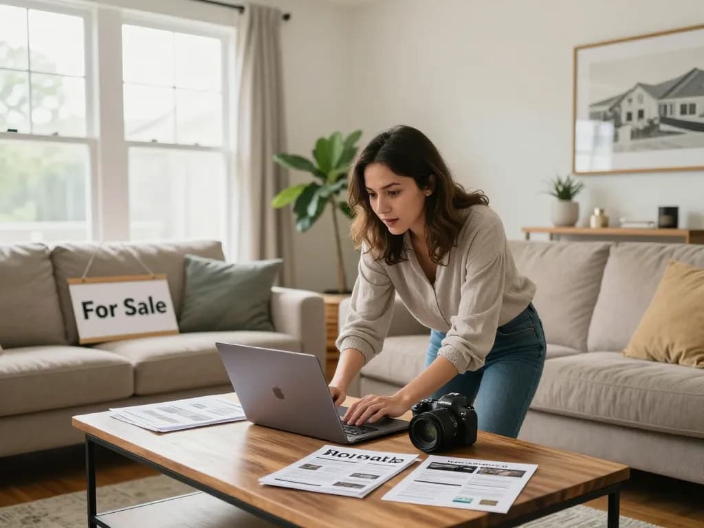 Homeowner preparing to sell house without realtor, surrounded by open house materials in a well-lit living room.