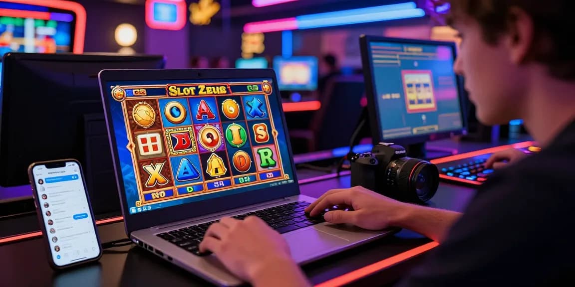 Player enjoying slot zeus game on a laptop in an exciting online casino environment.