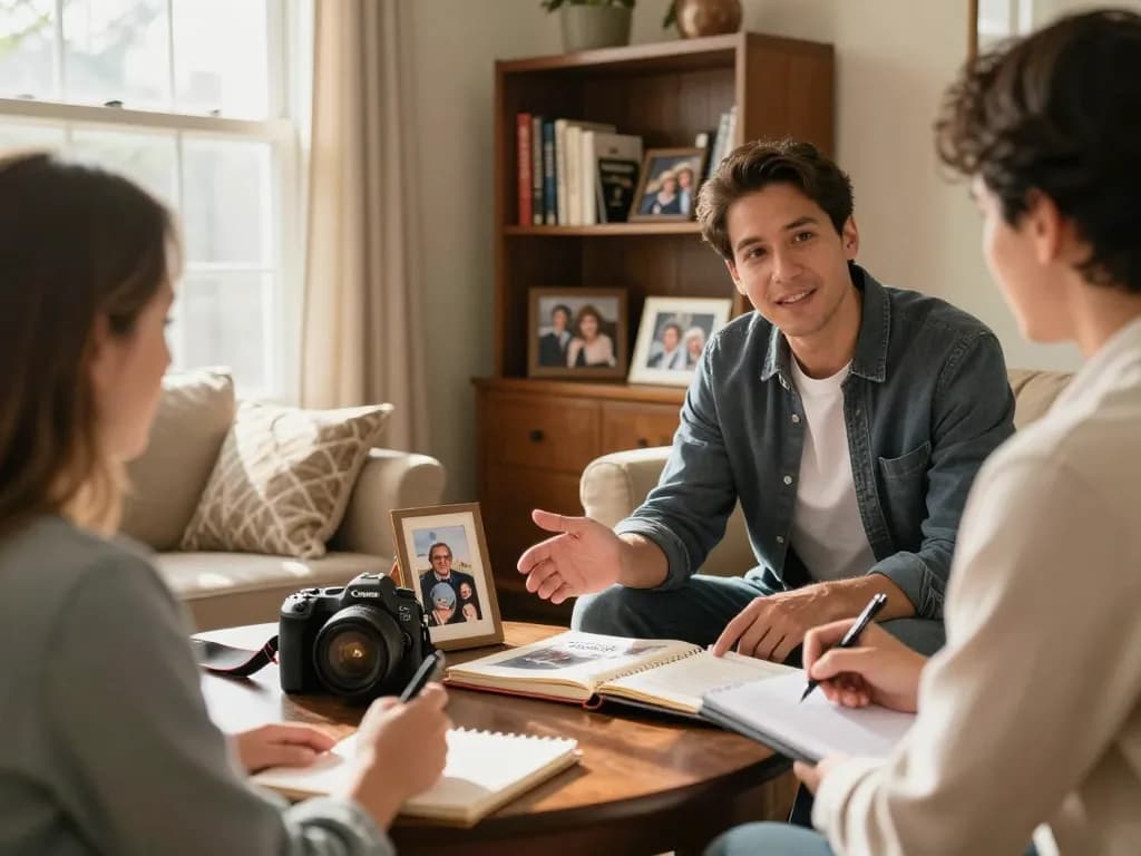 We buy houses scene with a professional cash home buyer discussing sale options in a cozy living room with a homeowner.