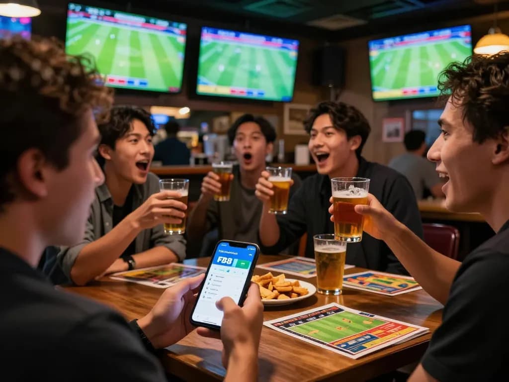 Active sports betting moment with fb88 kèo nhà cái app in use, showcasing excitement in a lively sports bar atmosphere.